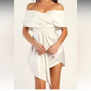 LULUS IVORY SATIN OFF SHOULDER, NEW WITHOUT TAGS, NEVER WORN, WHITE MINI DRESS